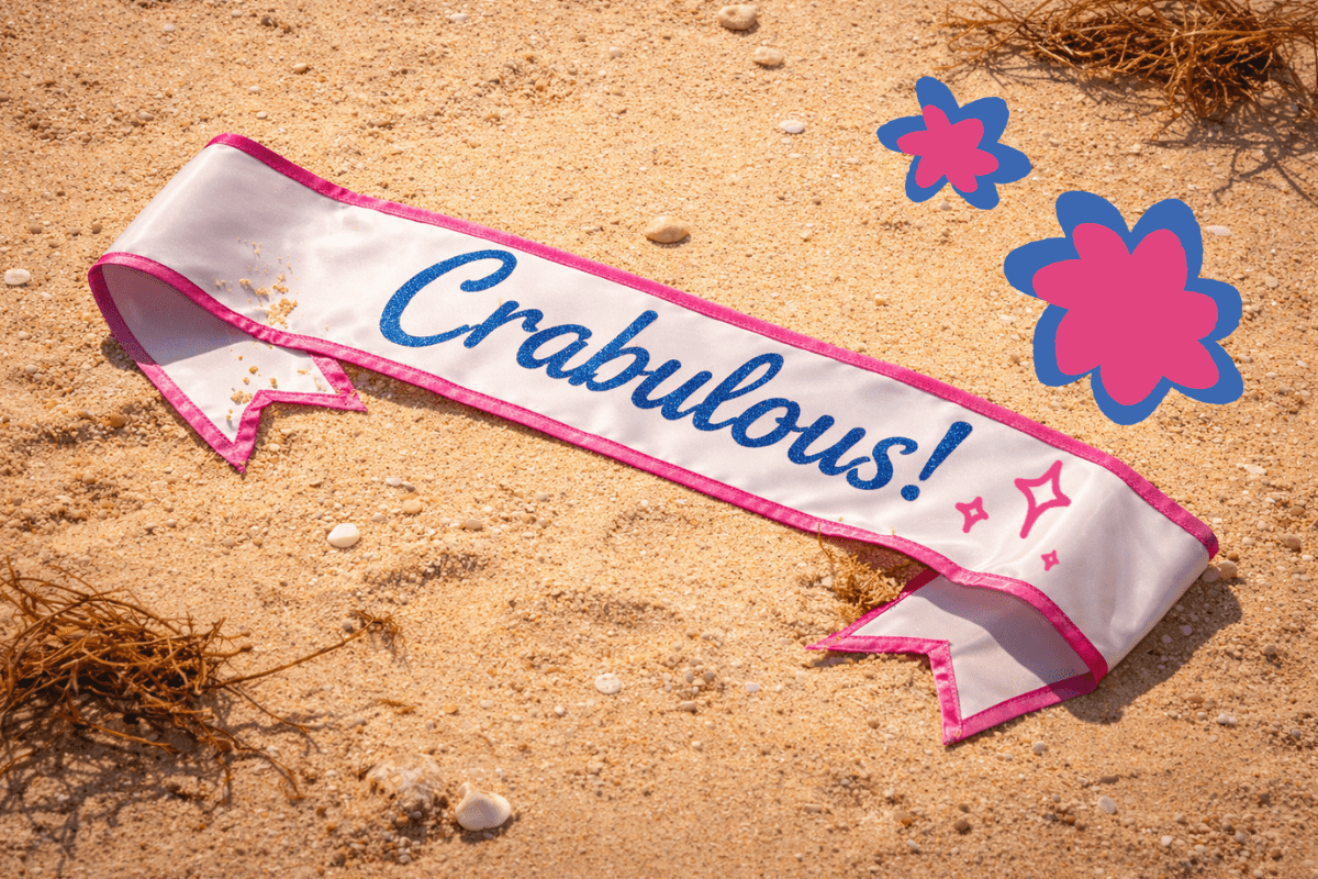 http://A%20pageant%20sash%20on%20a%20sandy%20beach%20with%20the%20world%20'Crabulous!'%20written%20on%20it%20in%20blue%20sparkly%20writing.